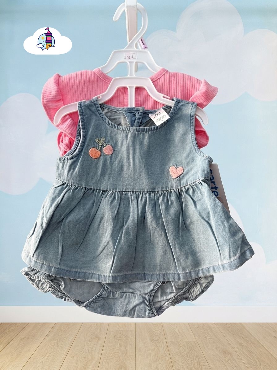 Conjunto de Jean con Bordado de Cerezas y Remera Rosa